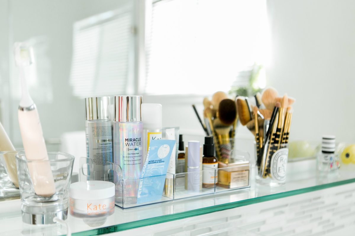 organized beauty products in a bathroom