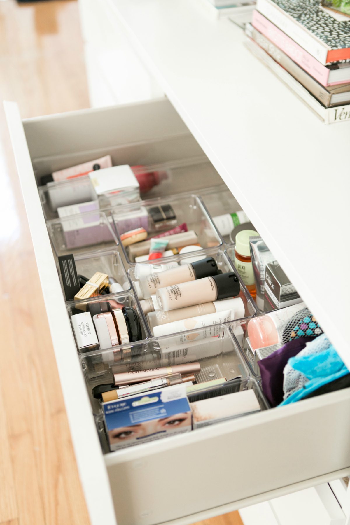 drawer with makeup and skincare