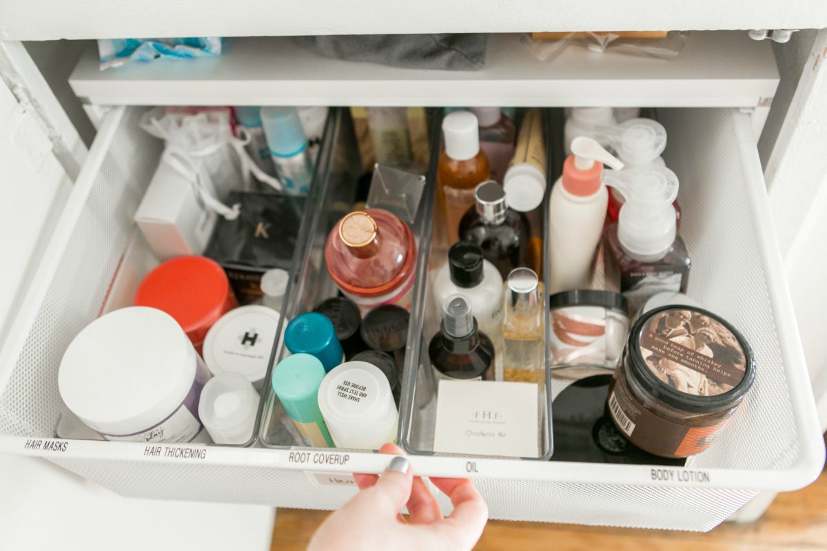 drawer with beauty products 