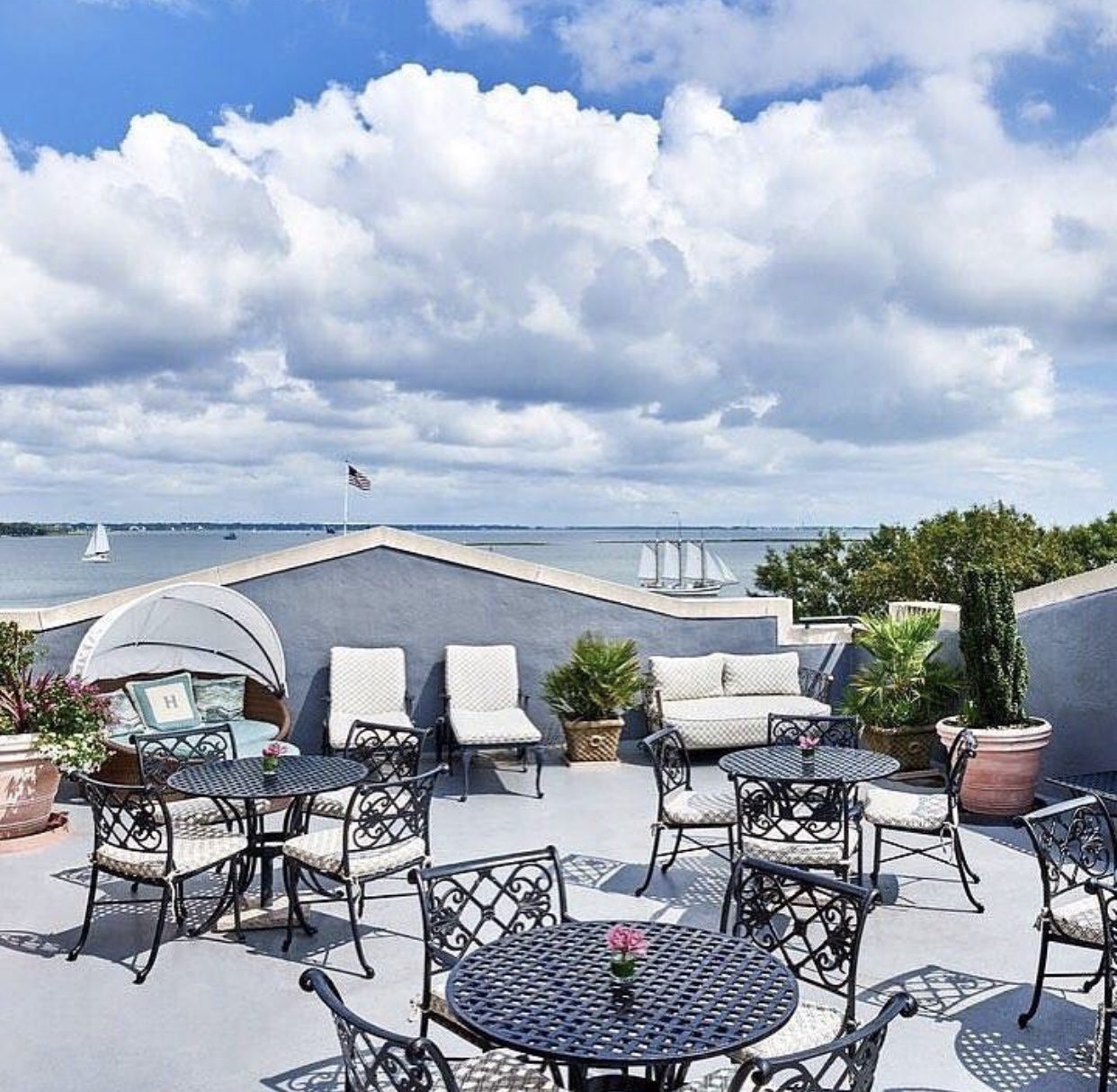 rooftop with chairs and view of the ocean for Charleston Travel Guide